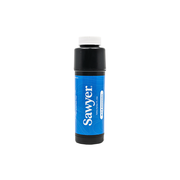 A Sawyer tap filter with blue label, black body and a white cap