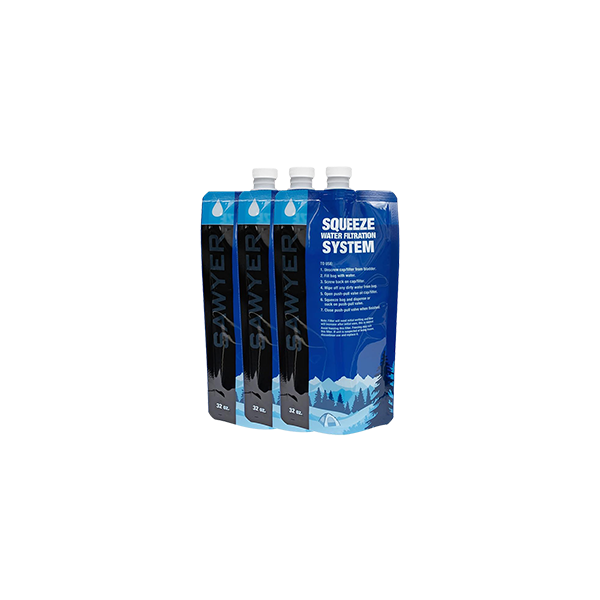 Three 32 ounce squeeze water filtration system pouches