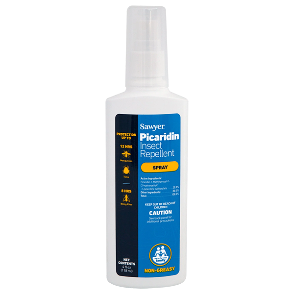 A bottle of Sawyer Picaridin insect repellent spray