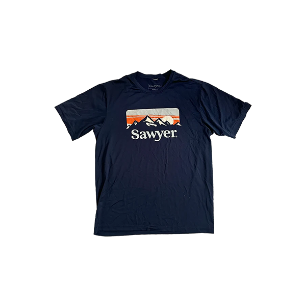 A blue shirt with Sawyer logo and mountains