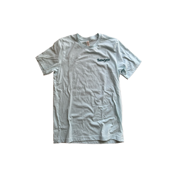 Blue shirt with a Sawyer logo on the top right