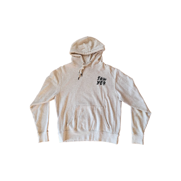 Oatmeal colored hoodie with Sawyer logo