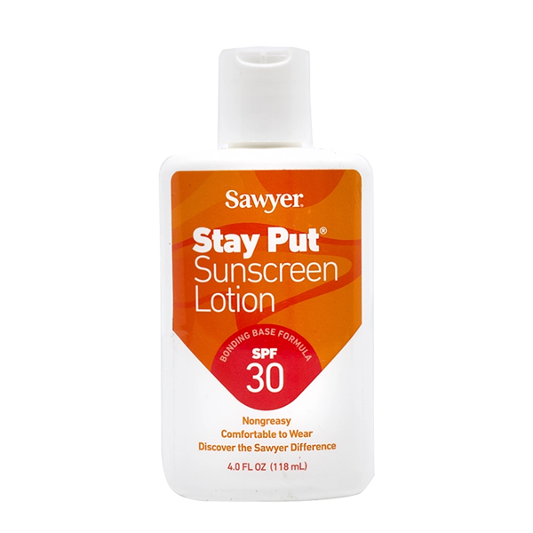 A bottle of Sawyer Stay-Put SPF sunscreen lotion