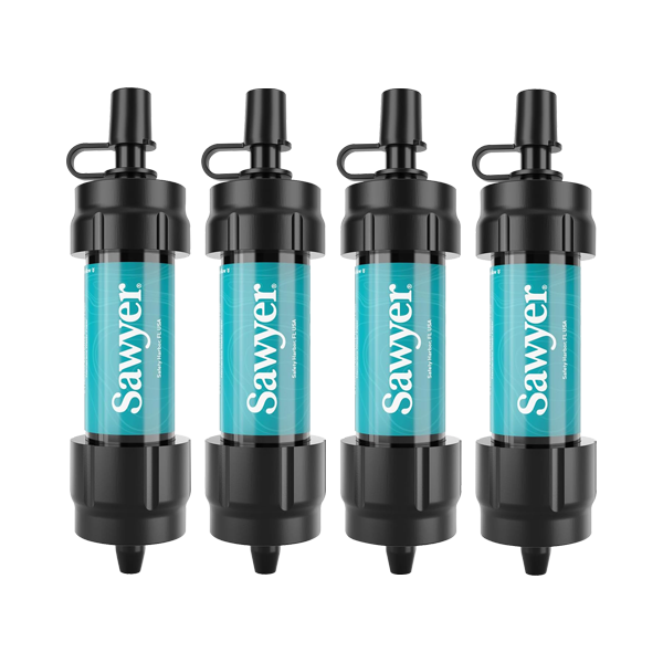 Four teal Sawyer mini water filters