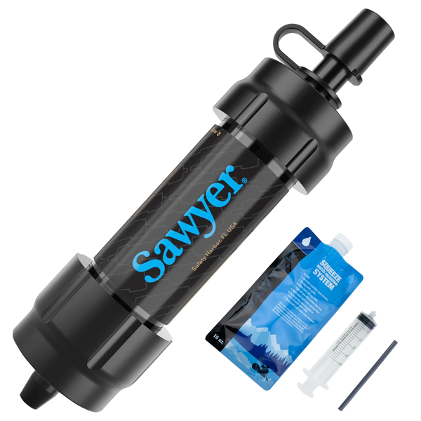 A black mini water filter with a squeeze pouch