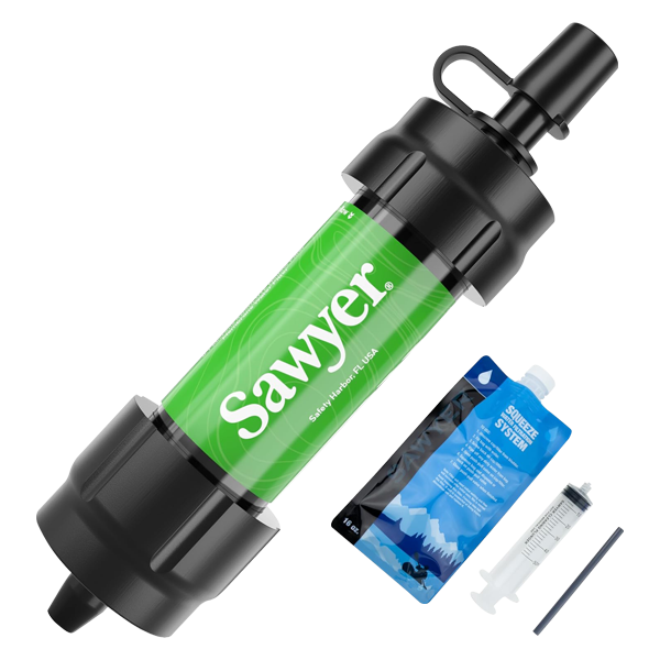 A green mini water filter with a squeeze pouch