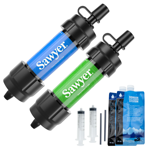 Two Sawyer mini water filters, green and blue