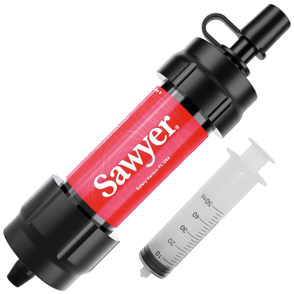 A single red mini water filter with cleaning syringe