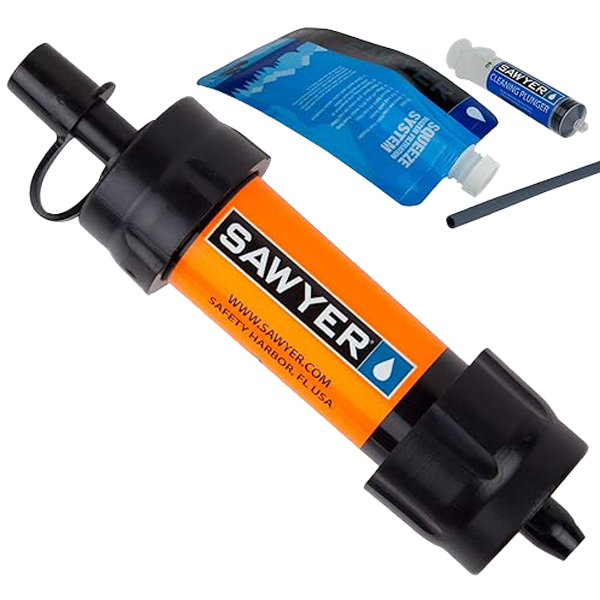 A orange mini water filter with a squeeze pouch