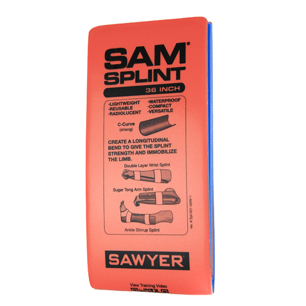 The Sawyer SAM Splint 36 inch folded with instructions on the front